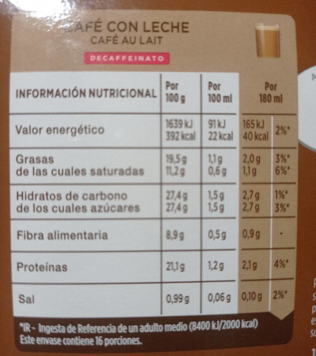 café con leche descafeinado - Valori nutrizionali - es