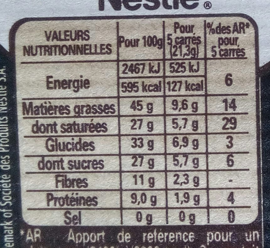 NESTLE DESSERT Noir Absolu 170g - حقائق غذائية - fr
