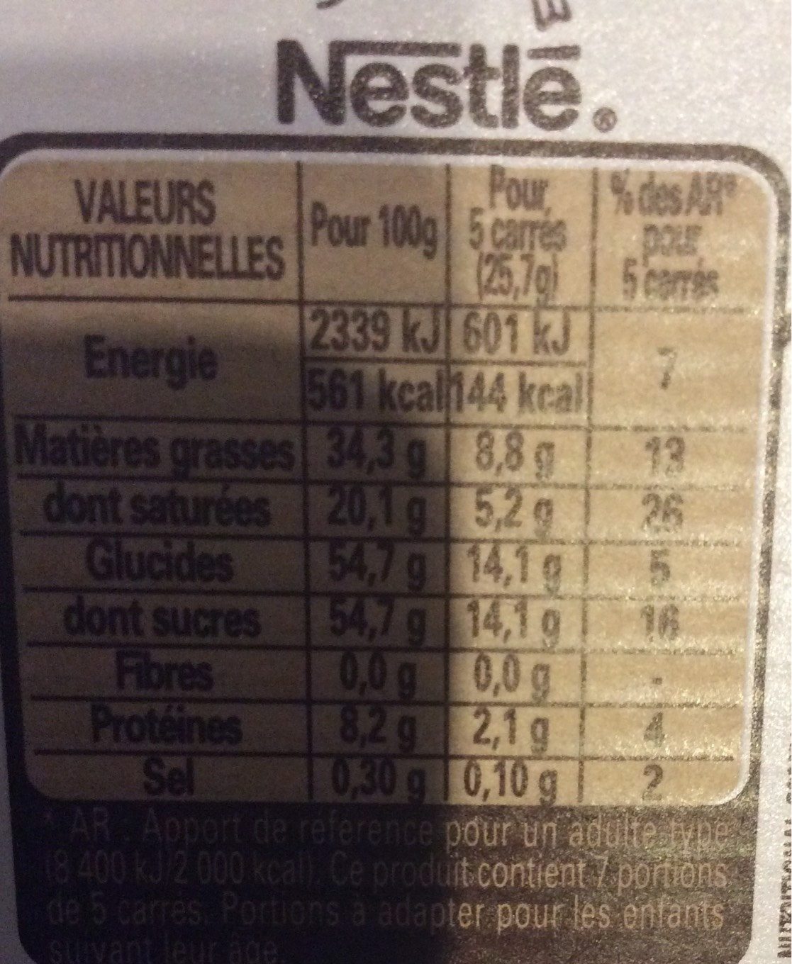 NESTLE DESSERT Blanc 2 x 180g - Tableau nutritionnel