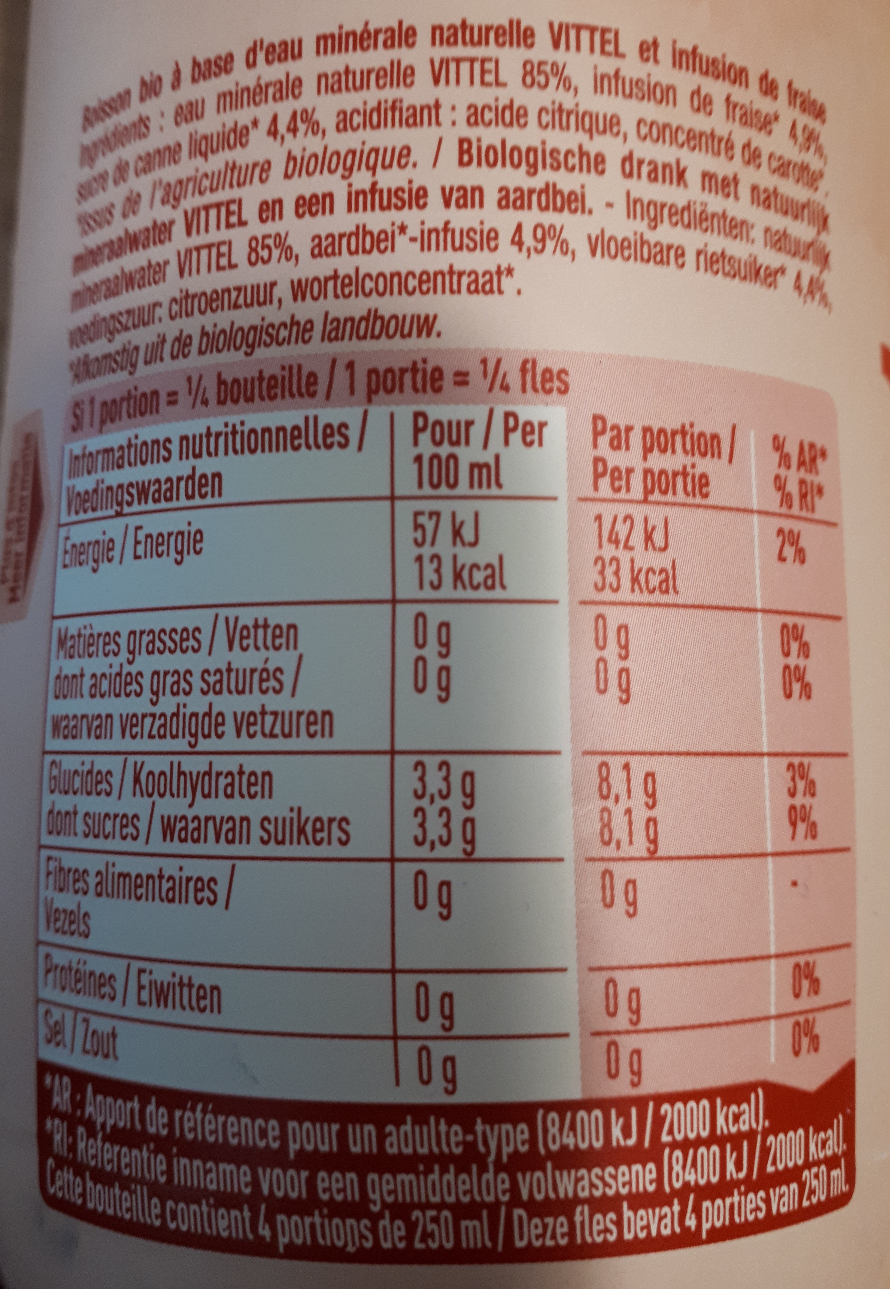 VITTEL & FRUITS BIO Infusés fraise 1L - Tableau nutritionnel