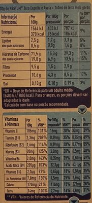 Nestum Zero - Espelta e Aveia - Voedingswaarden - pt