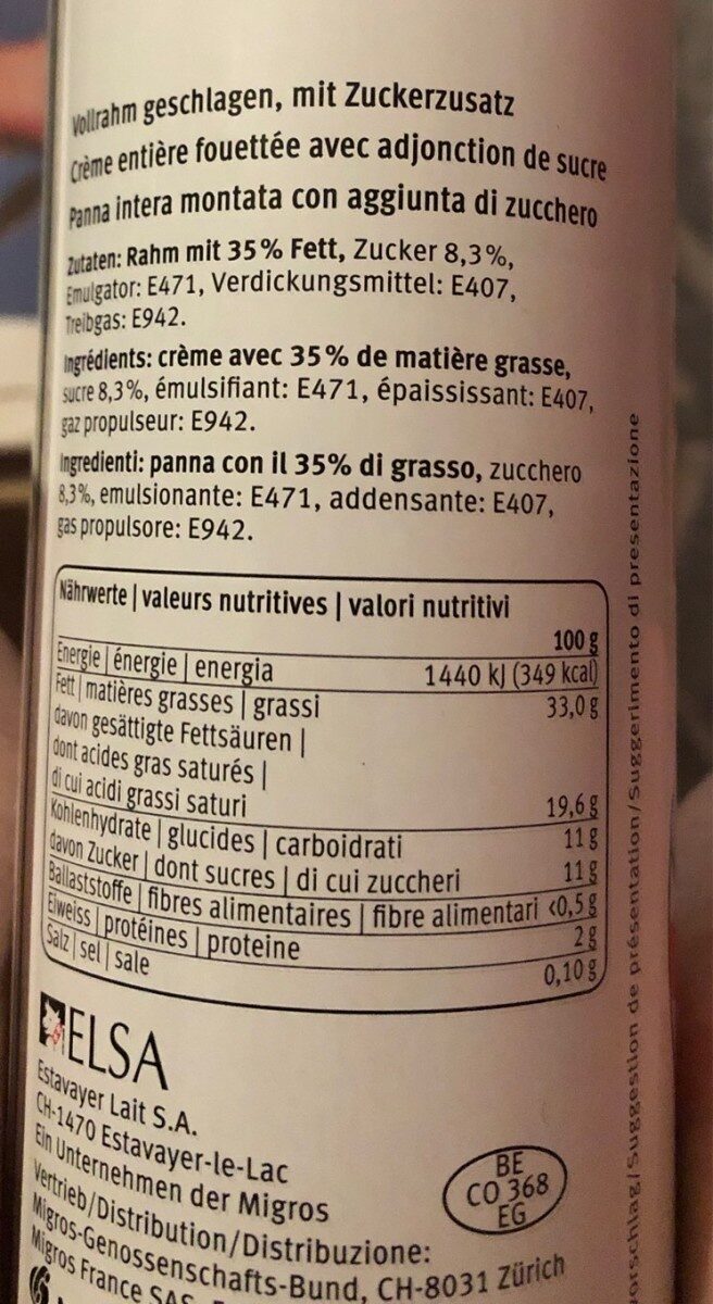 Crème fouettée - Nutrition facts - fr
