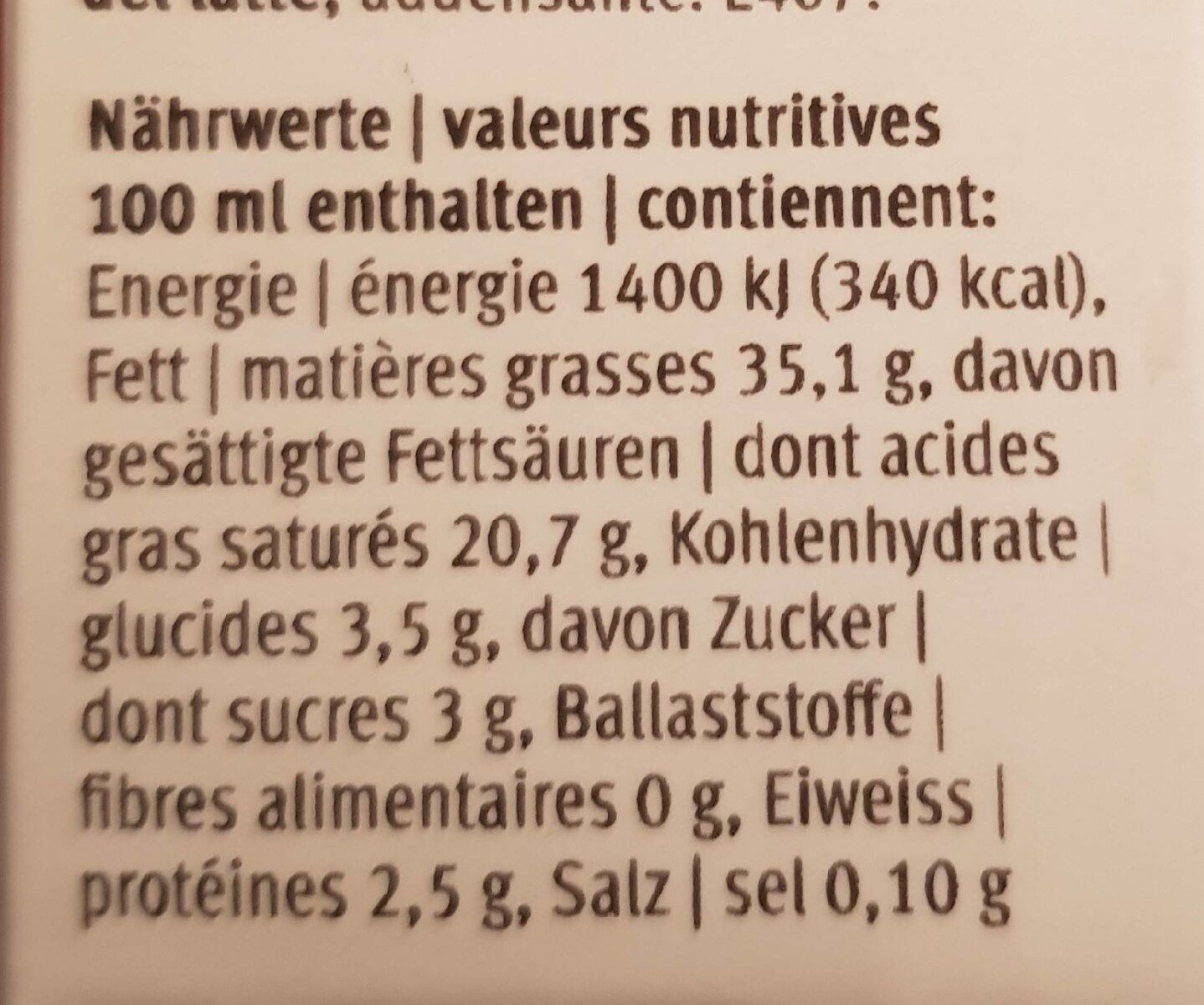 Crème entière - Nutrition facts - fr