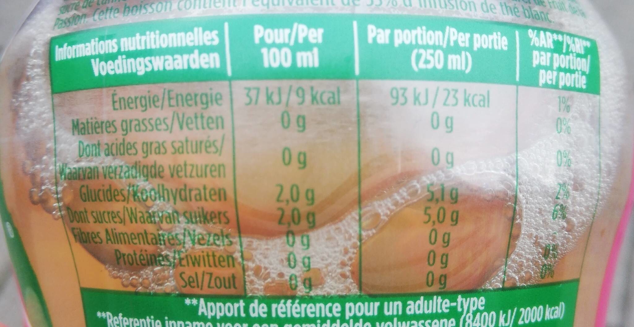 CONTREX Green eau aromatisée BIO Thé Blanc saveur Passion 75cl - Tableau nutritionnel