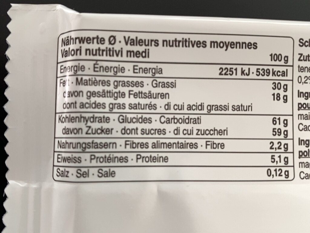 Milchschokolade - Nährwertangaben - fr