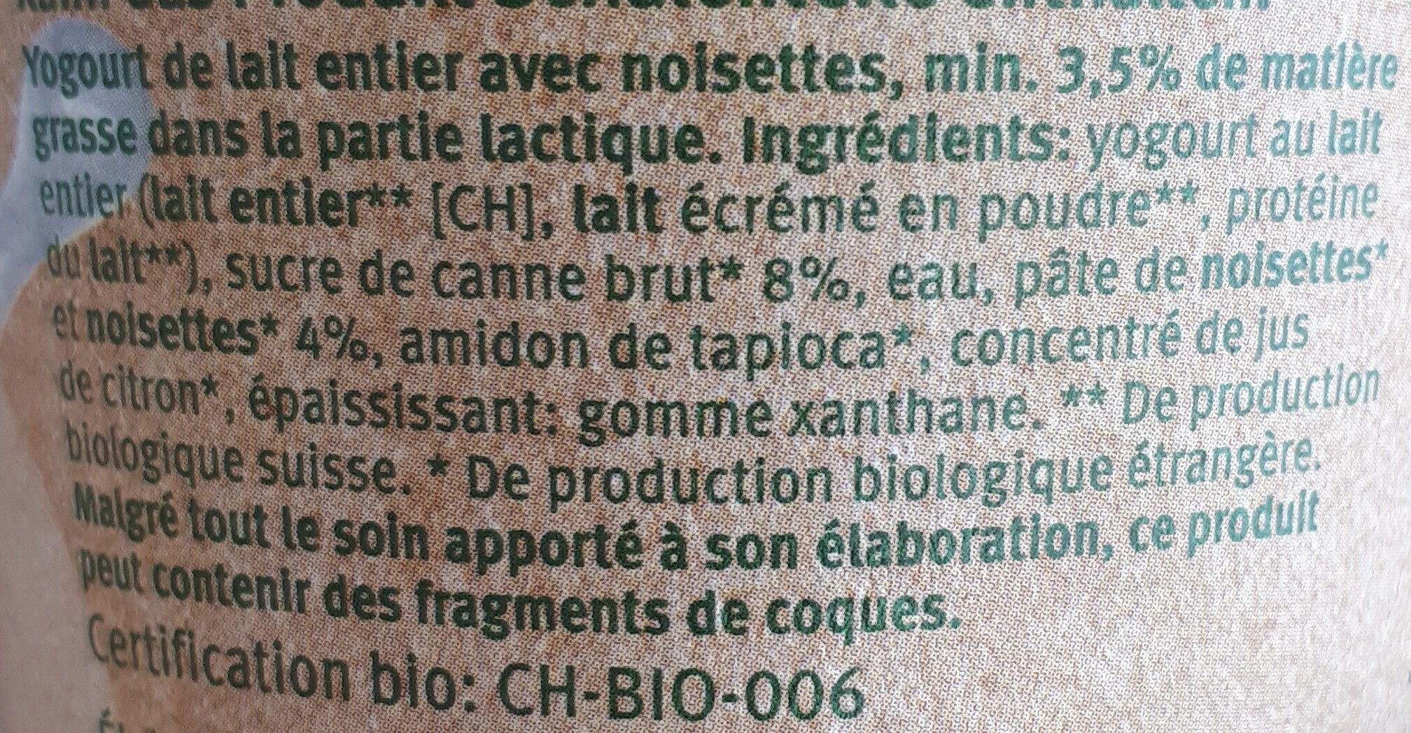 Yaourt noisettes bio - Ingredientes - fr