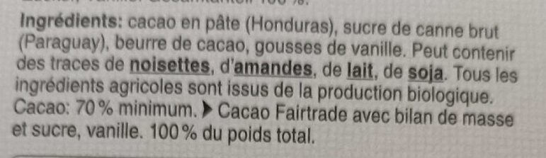 70 % Honduras Chocolat Noir 70% de Cacao Trinitario - Ingredienti - fr