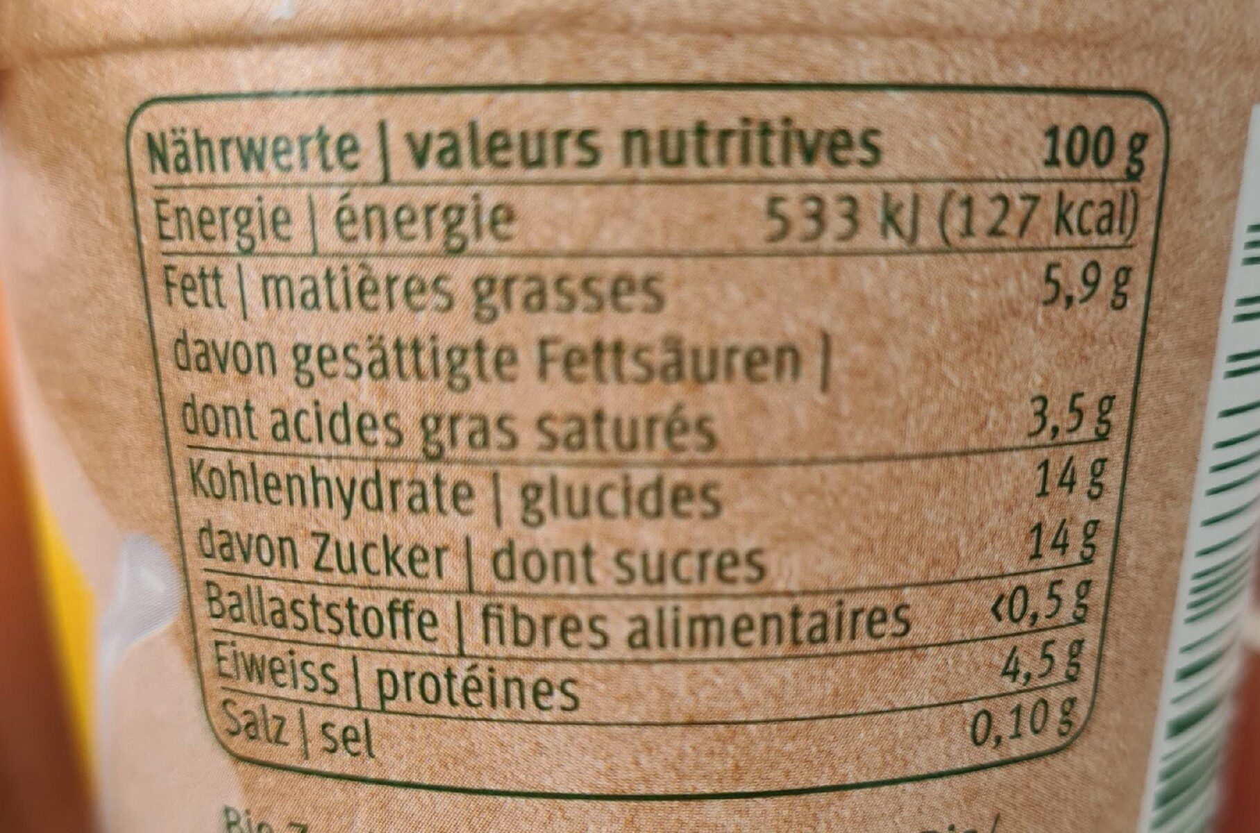 Yogourt Au Lait De Brebis Mangue Bio - Migros - 120 GR - Tableau nutritionnel