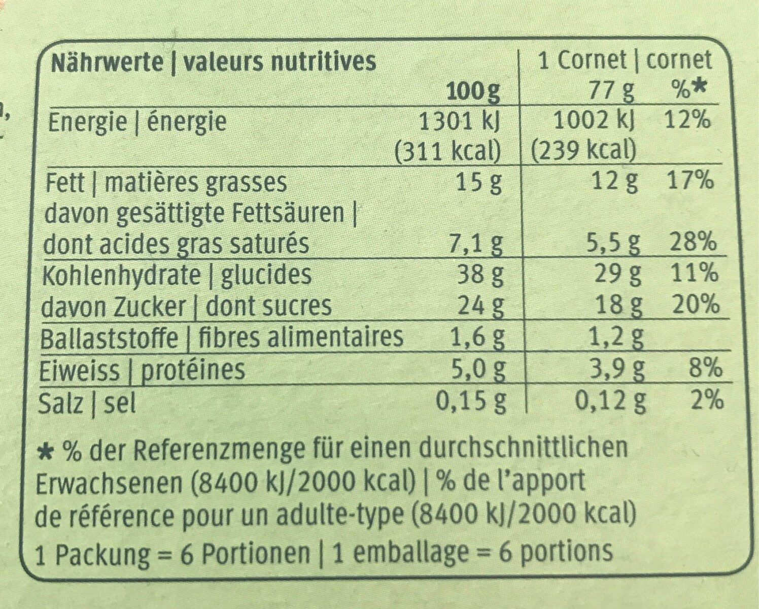 Creme d'or Pistache - Nutrition facts - fr
