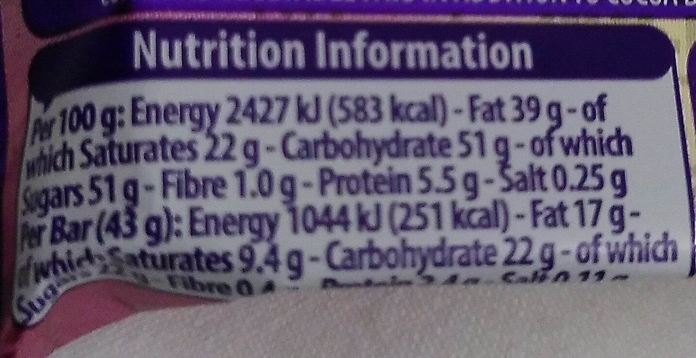Cadbury Dairy Milk Mystery Bar 02 - Tableau nutritionnel - en