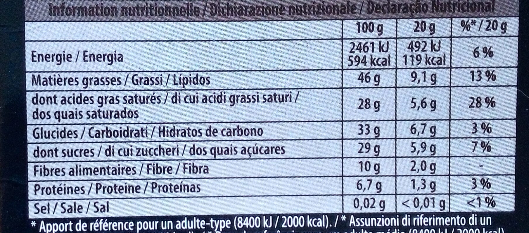 Noir 70% Orange - Tableau nutritionnel