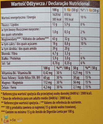 Bolacha de cereais enriquecida com ferro, magnesio, vitaminas B6 e B9. - Wartości odżywcze