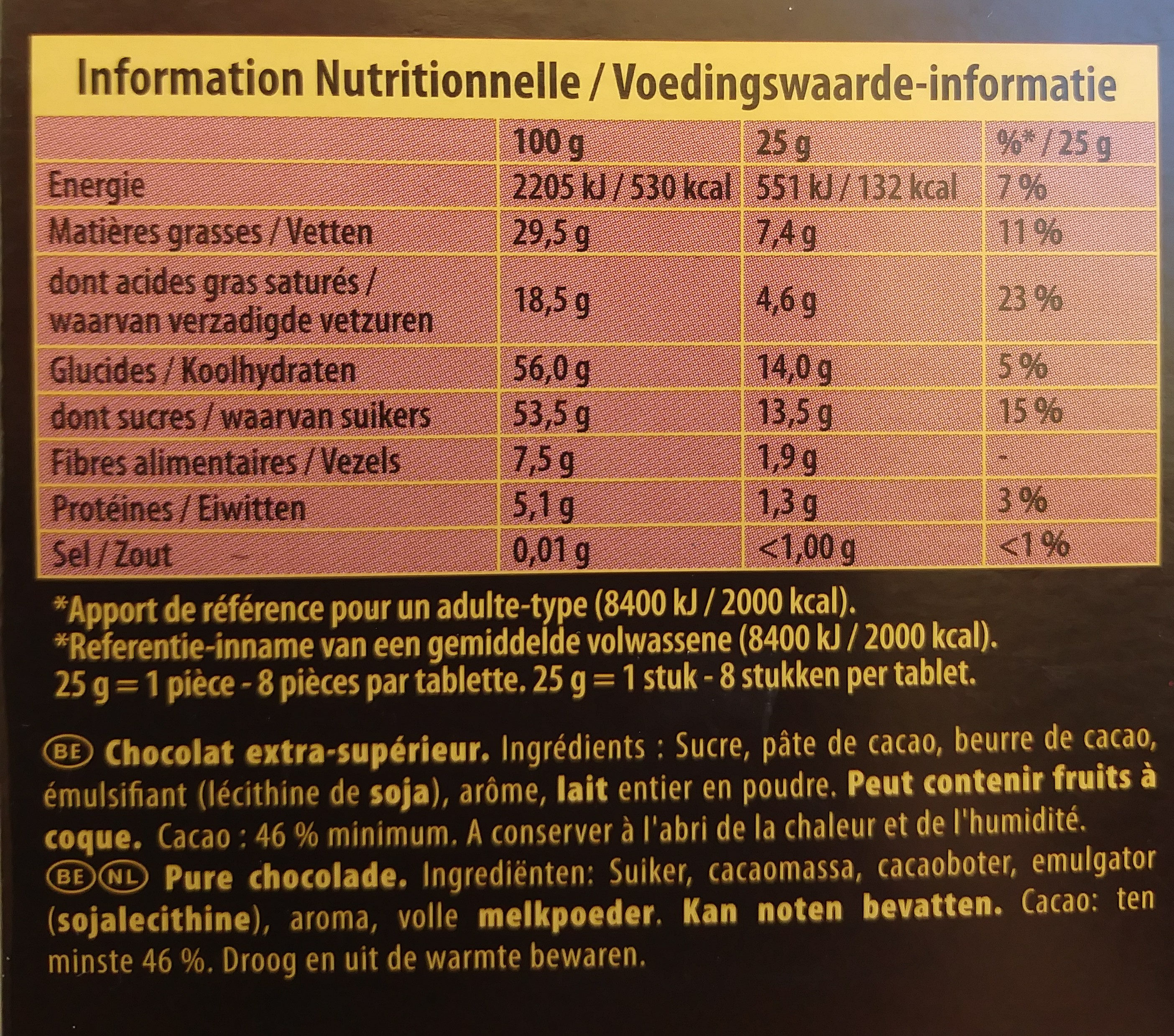 Chocolate Negro Tableta De Chocolate Negro - Nutrition facts - fr