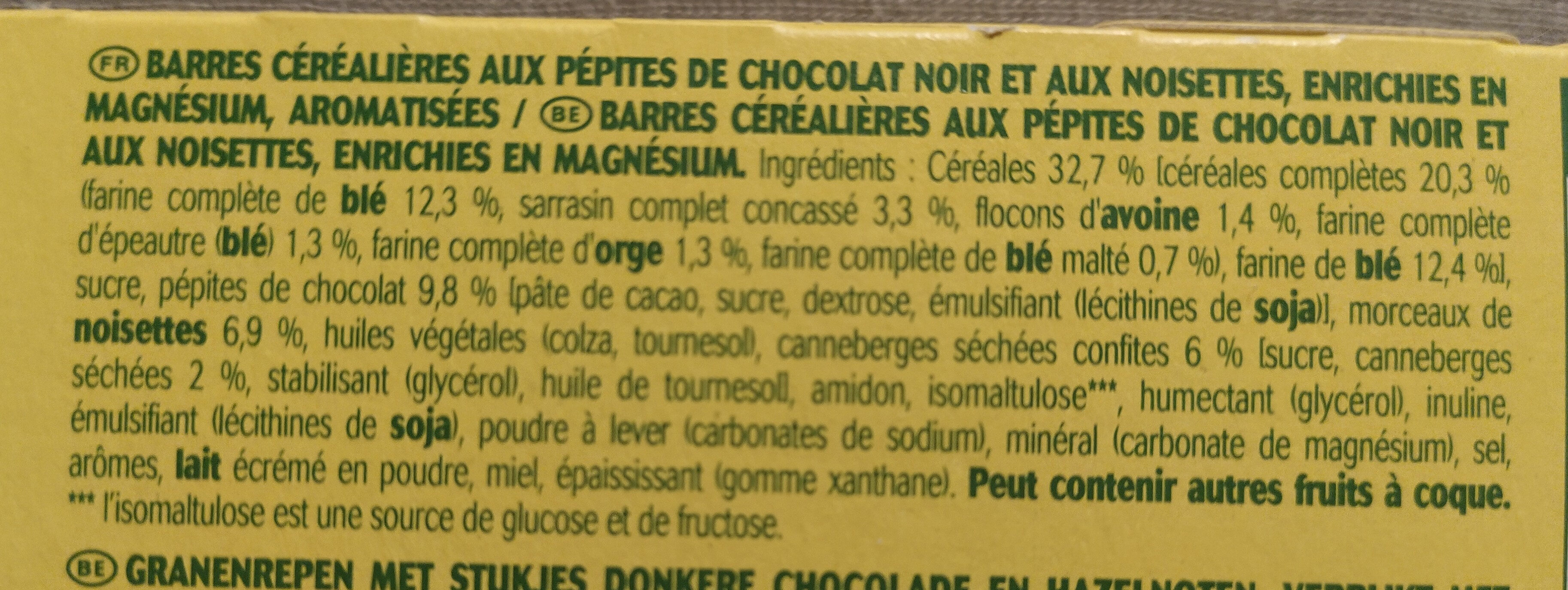 Barre moelleuse chocolat noir et noisettes - المكونات - fr
