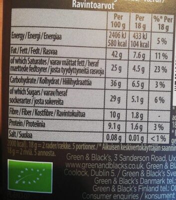 Black's Organic 70% Dark Chocolate Bar - Nutrition facts
