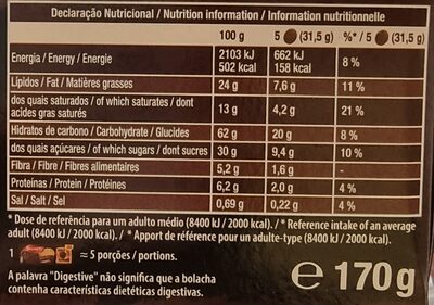 Digestive finas chocolate preto - Nutrition facts - pt