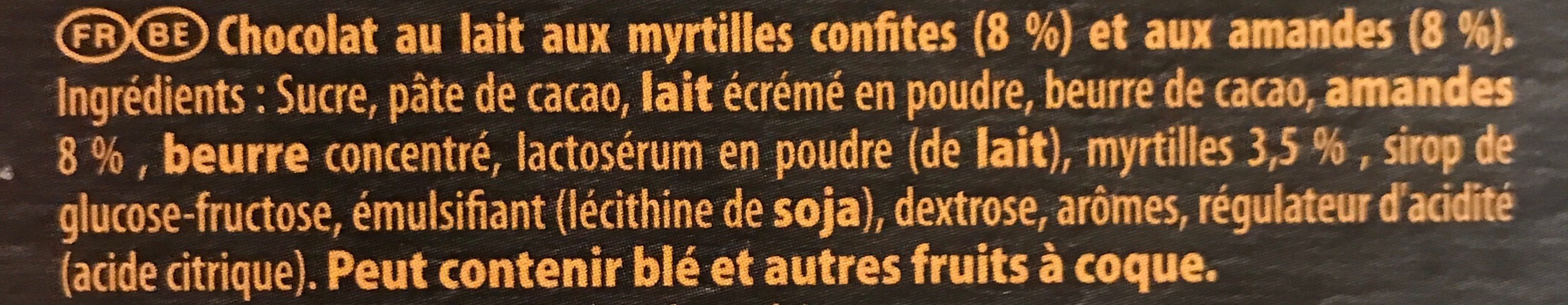 Chocolat au lait aux myrtilles confites et aux amandes - Ingredients - fr
