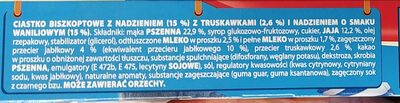 Ciastko biszkoptowe z nadzieniem (15%) z truskawkami (2,6%) i nadzieniem o smaku waniliowym (15%). - Składniki