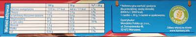 Ciastko biszkoptowe z nadzieniem (15%) z truskawkami (2,6%) i nadzieniem o smaku waniliowym (15%). - Wartości odżywcze