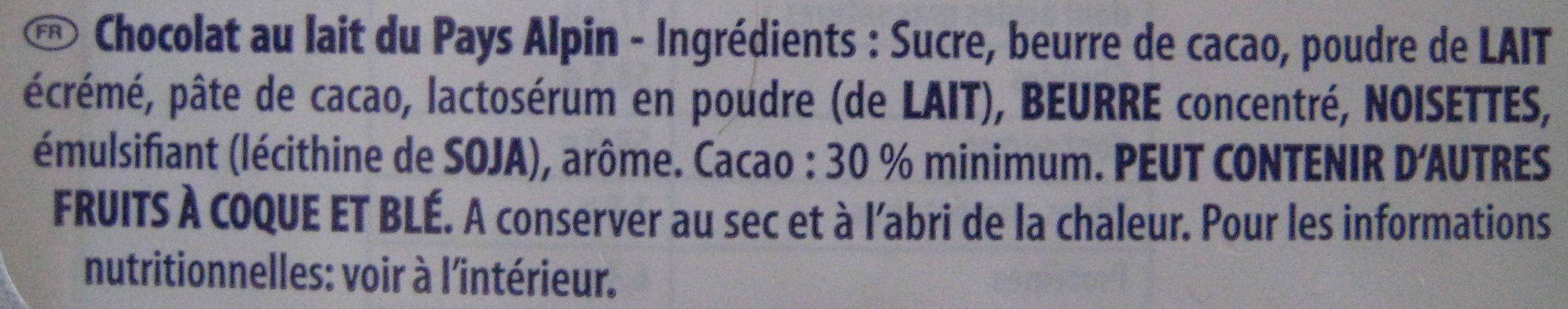 Lapin en chocolat au lait alpin - Ingrédients