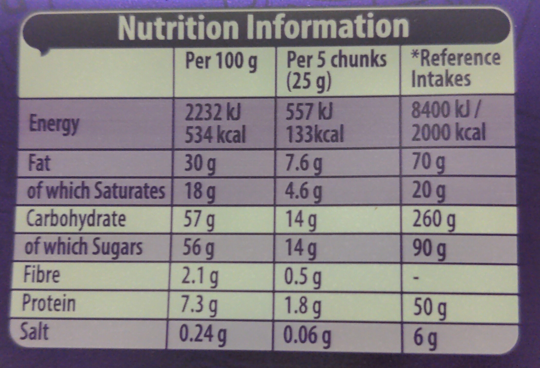 Dairy milk chocolate bar - Informació nutricional - en