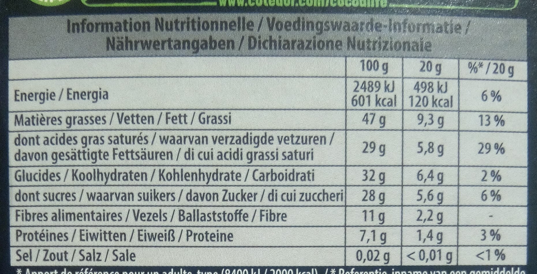 Noir 70% intense - Información nutricional - fr