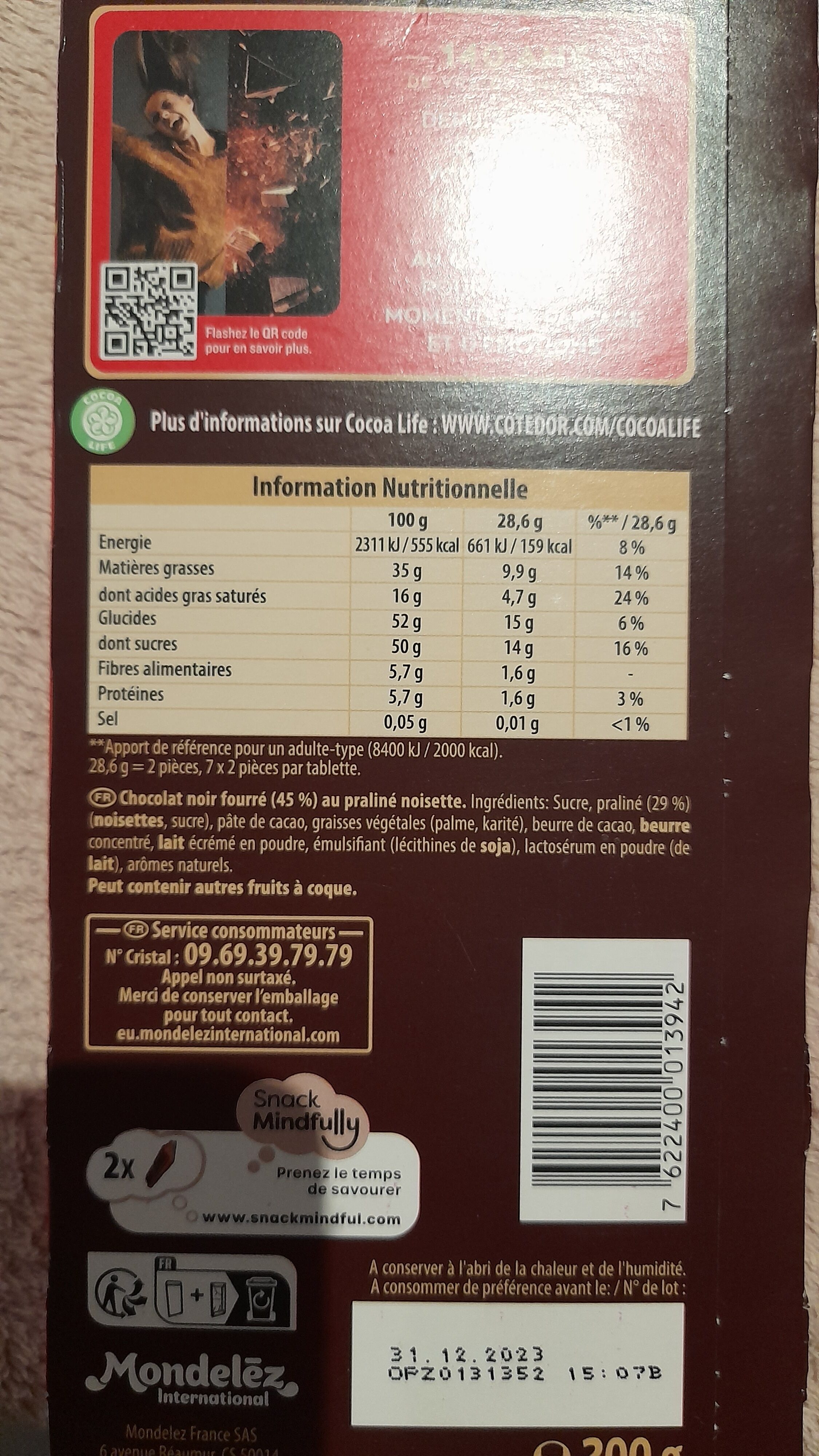 Noir praliné - Tableau nutritionnel