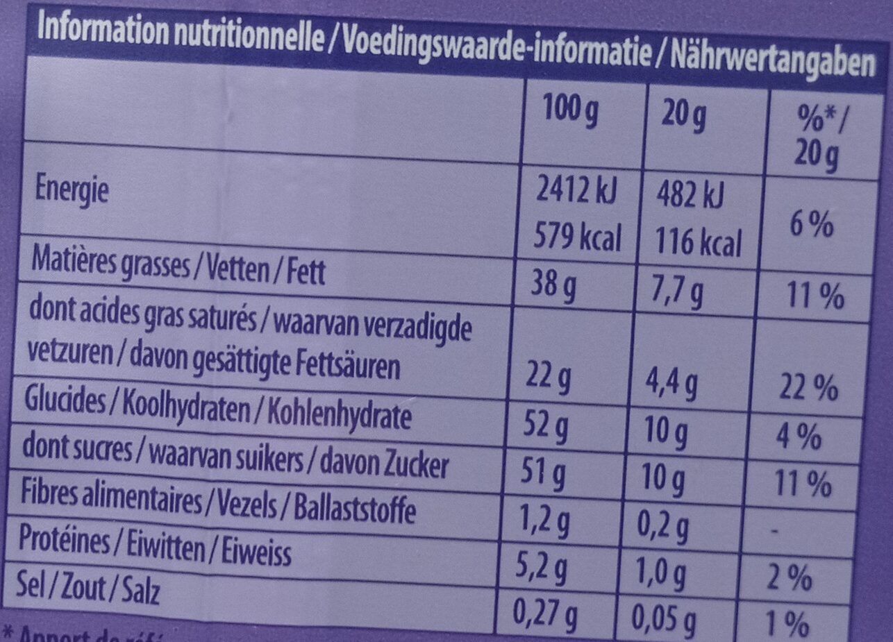Milka Tendre au Lait - Tableau nutritionnel
