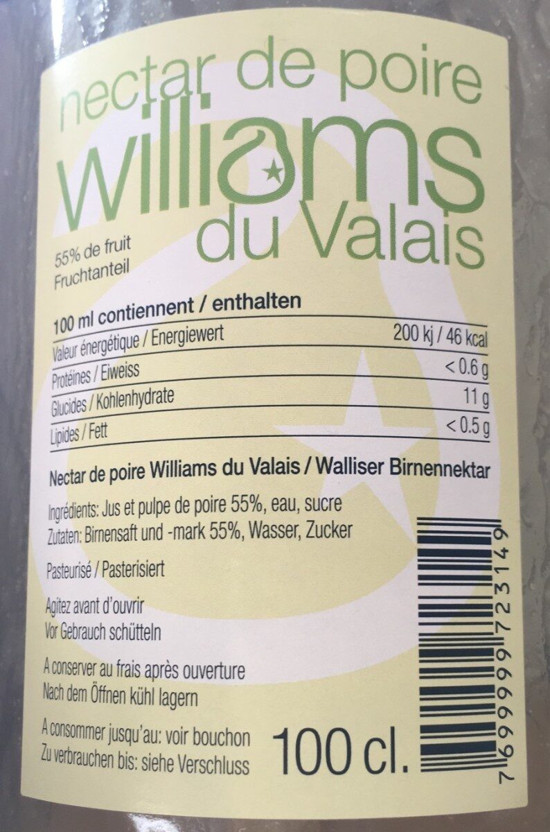 Nectar de poire williams du Valais - Valori nutrizionali - fr