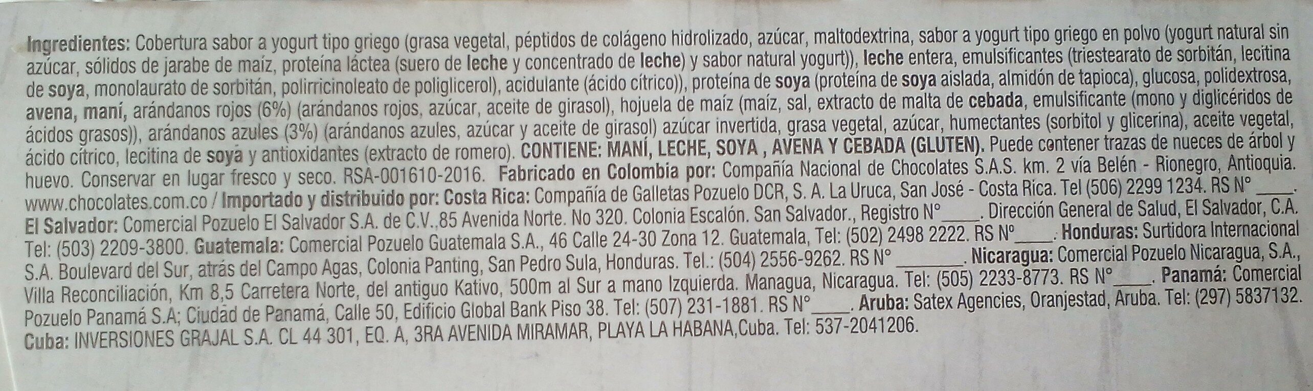 Tosh Barras Yogurt Griego Frutos Rojos - Ingredientes