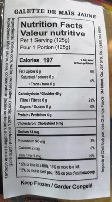 Arepas de maiz - Tableau nutritionnel
