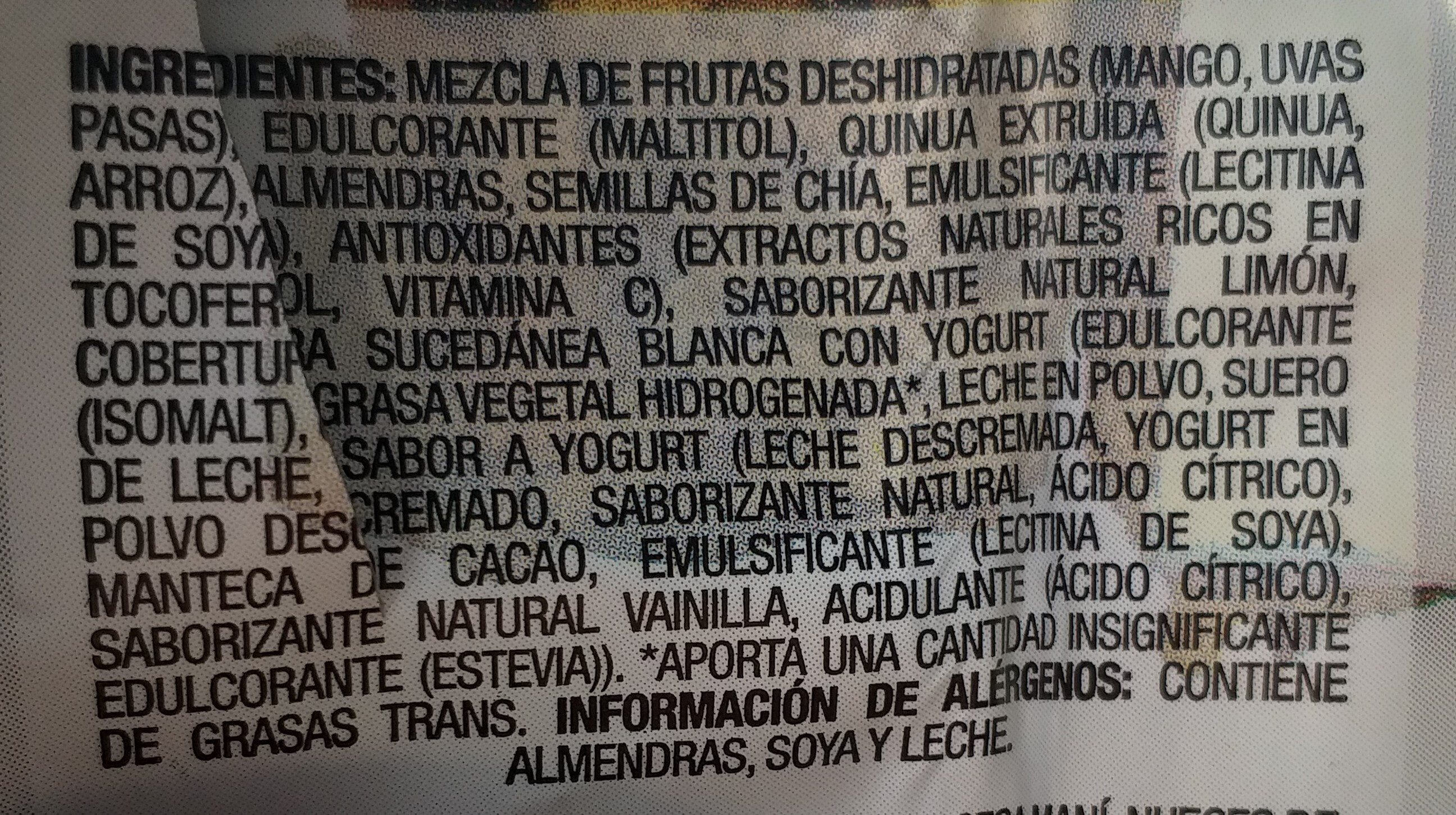 Hatsu Bites con Mango y Chia Cubiertos con Yogurt - Ingredients - es