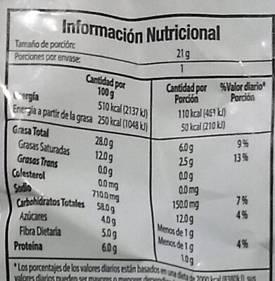 Doritos sabor a Queso Atrevido - Nutrition facts - es
