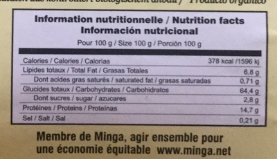 Quinoa Pérou - Tableau nutritionnel