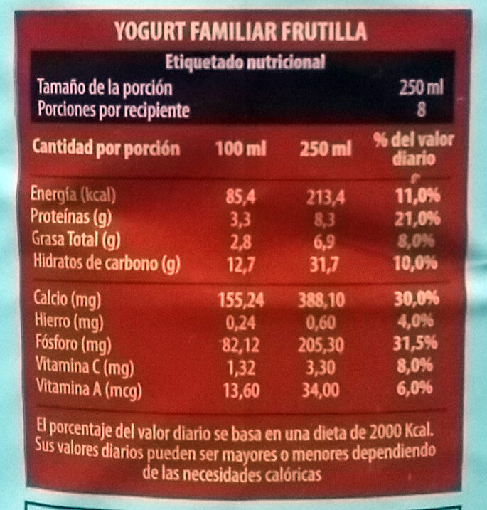 Yogurt Familiar Frutilla - Nutrition facts - es