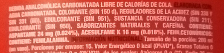 Coca-Cola Sin Azúcar - المكونات - es