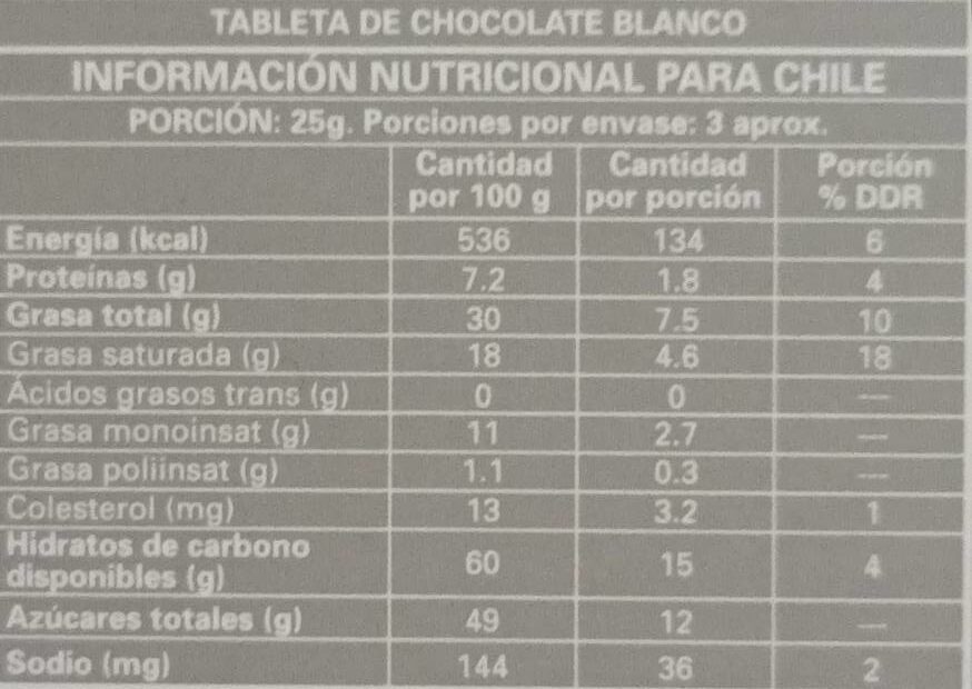 Tableta de Chocolate Blanco - Información nutricional