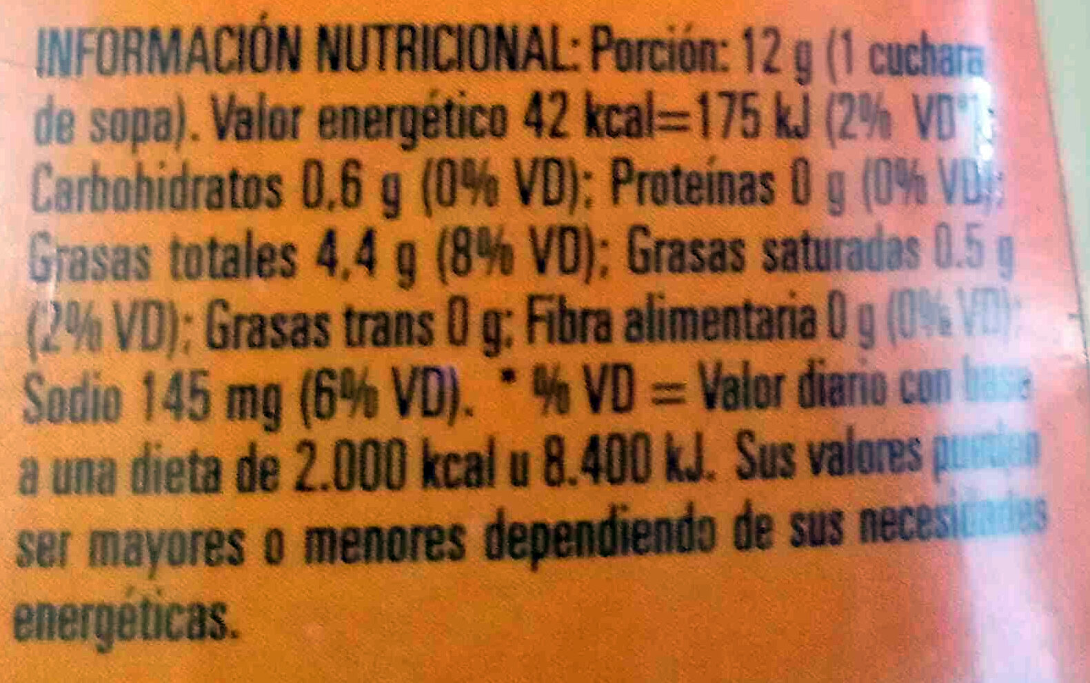 Salsa sabor cheddar - Información nutricional