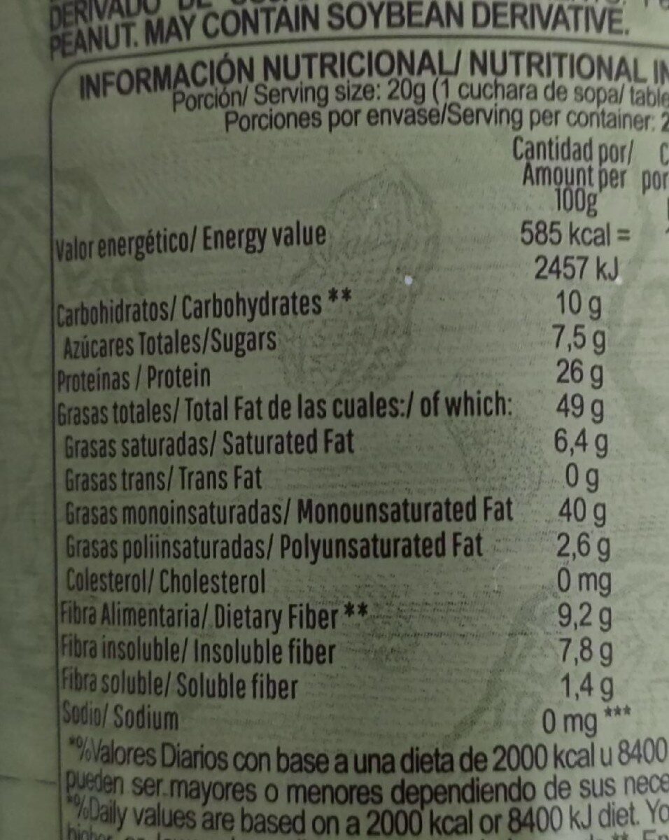 Pasta de maní - Información nutricional