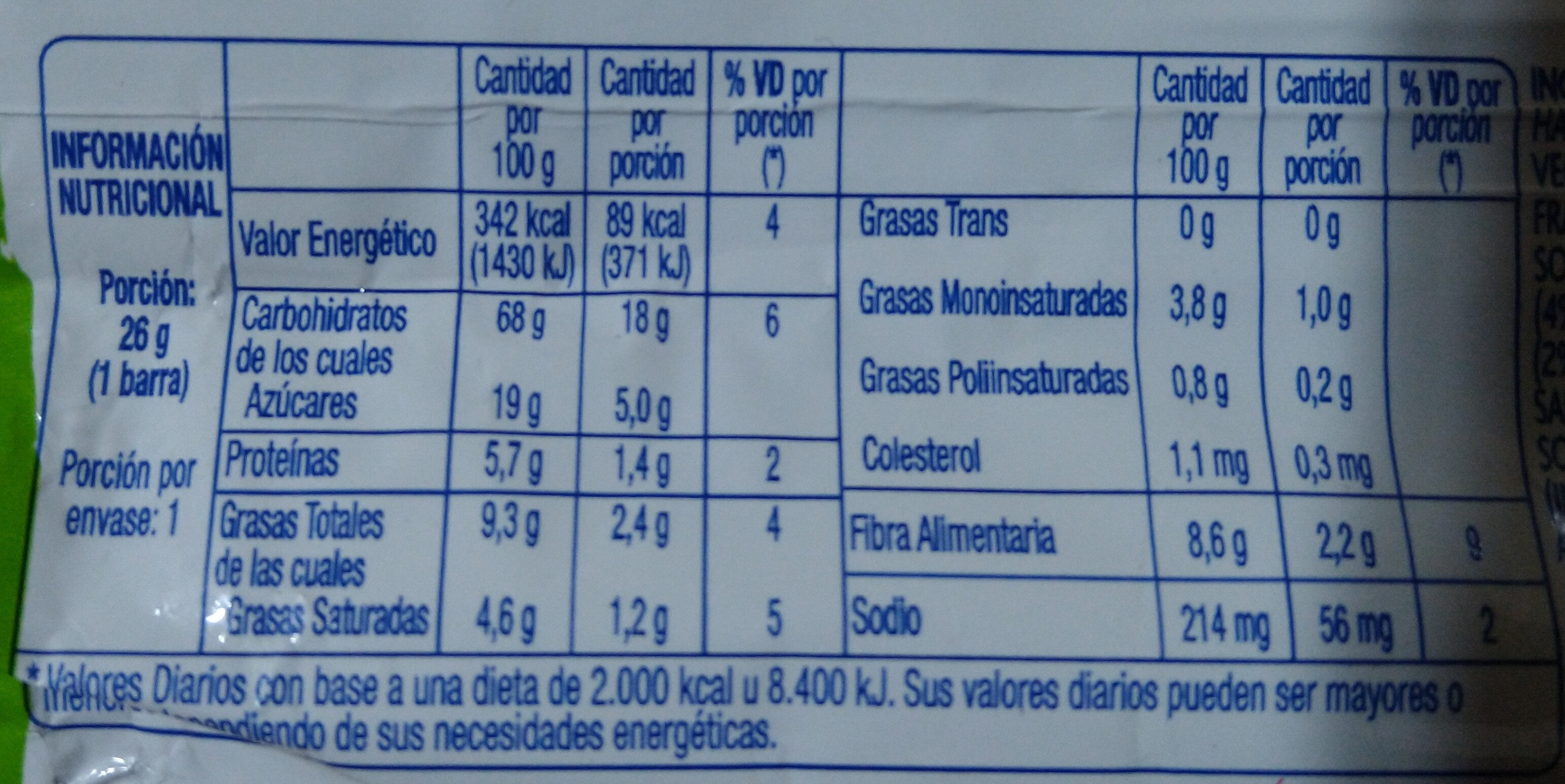 Barra de cereales - Tableau nutritionnel - es