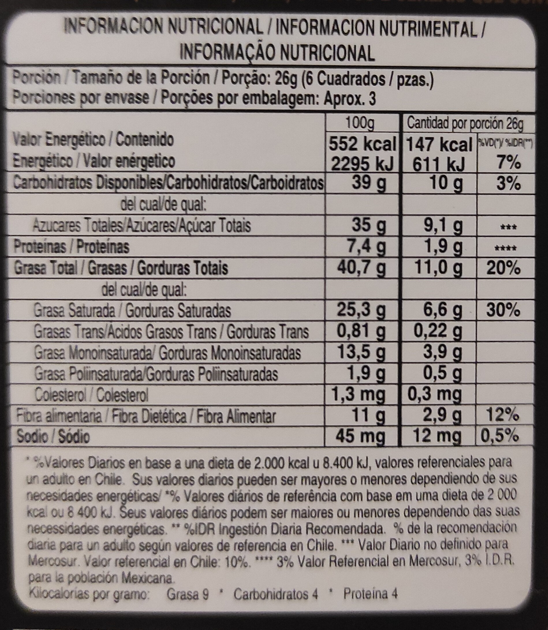 cacao 72% naranja - Nutrition facts - es