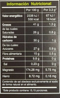 Raw Chocolate 70% Cacao - Nutrition facts - fr