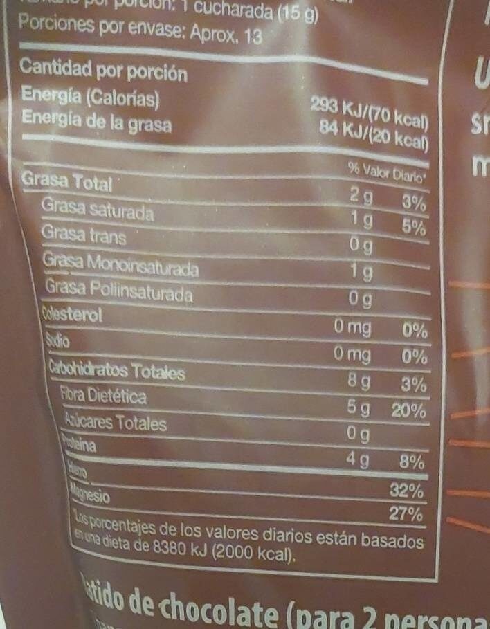 Chocolate en polvo - Informació nutricional - fr