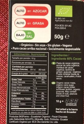Chocolate Organica con Guayusa - Nutrition facts - fr