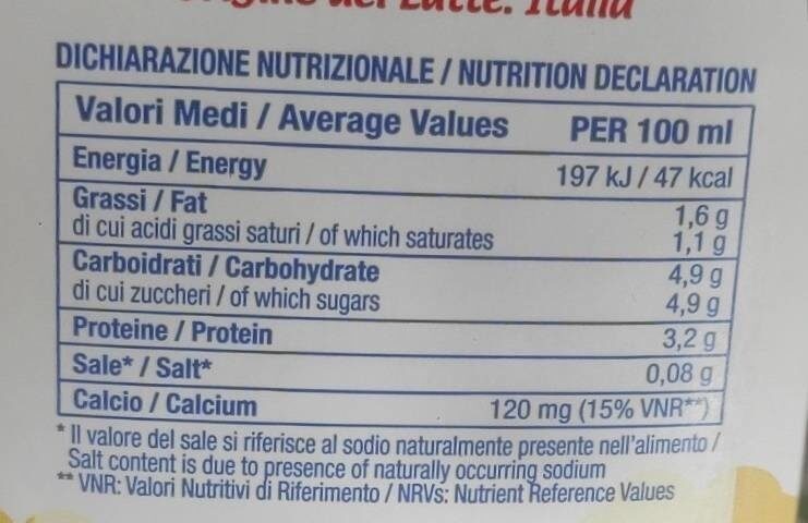 Latte parzialmente scremato - Nutrition facts - it