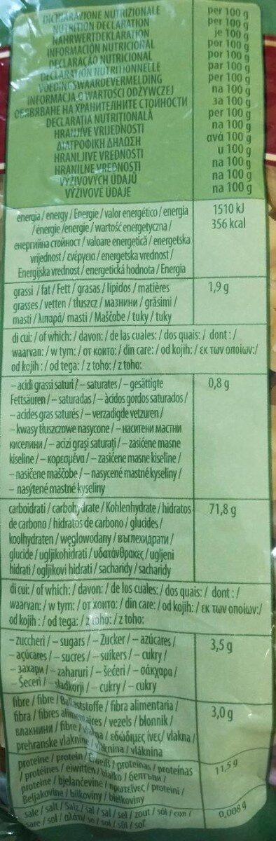 Pasta, Eliche - Tableau nutritionnel - de