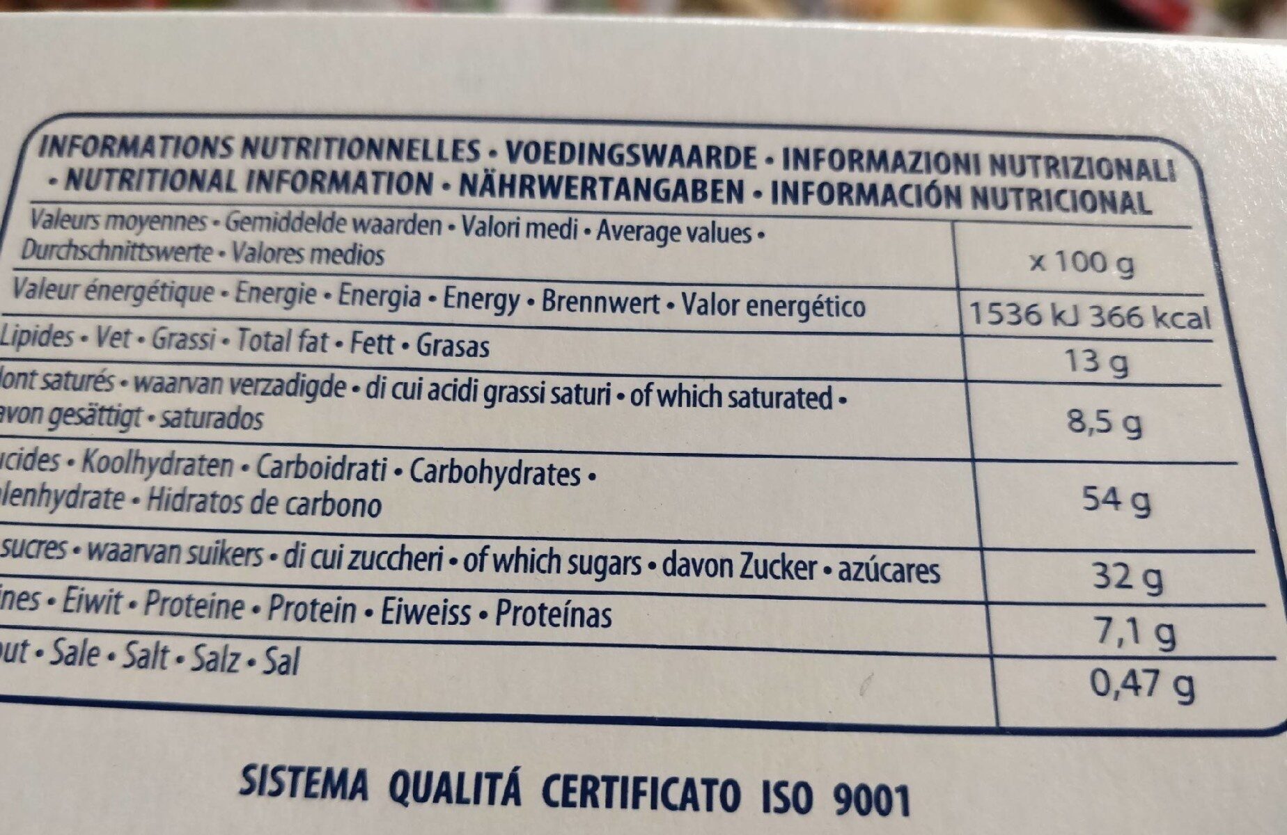 Panettone 750g - Tableau nutritionnel
