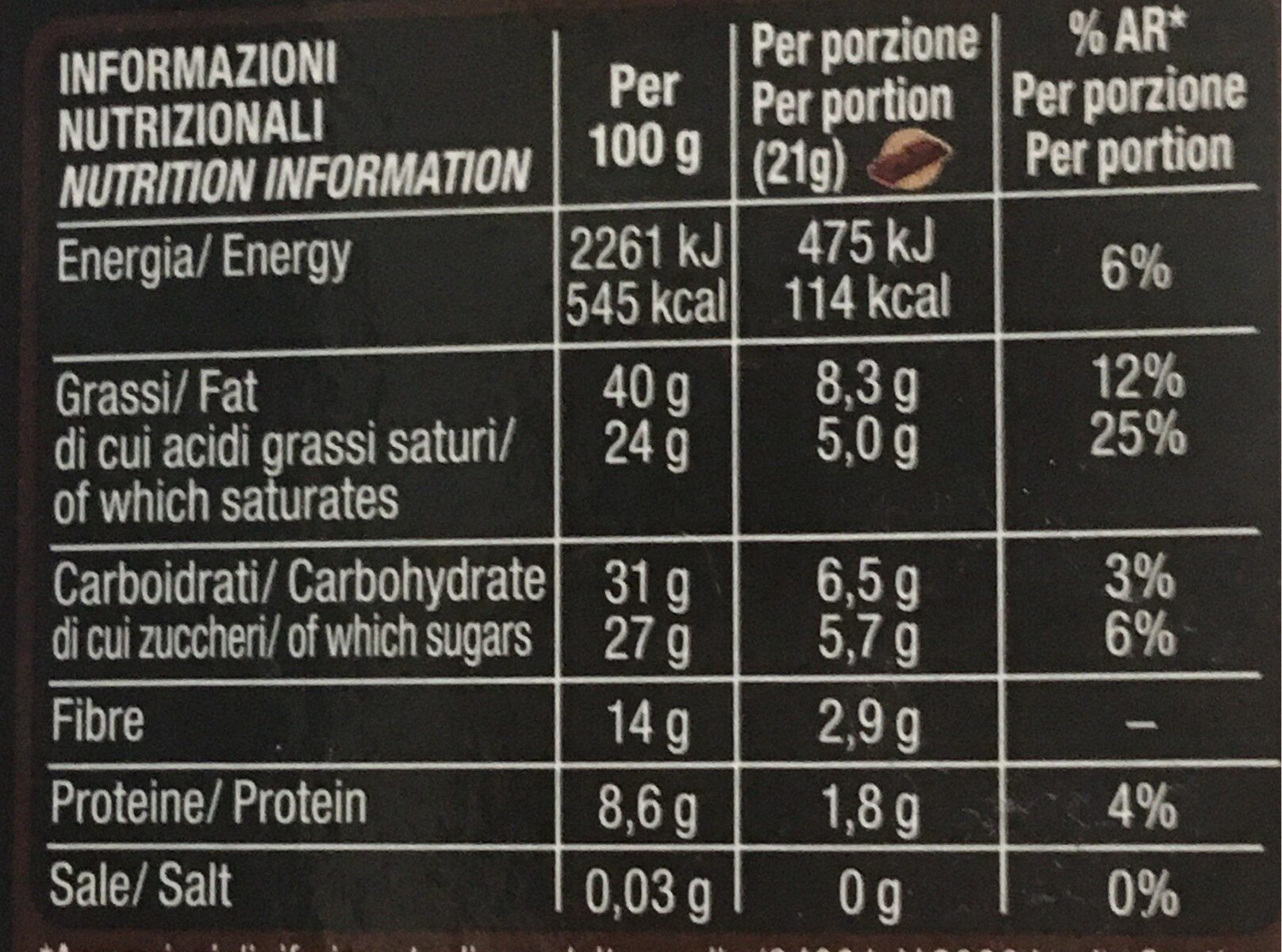 Fondente extra nero 70% cacao - Tableau nutritionnel