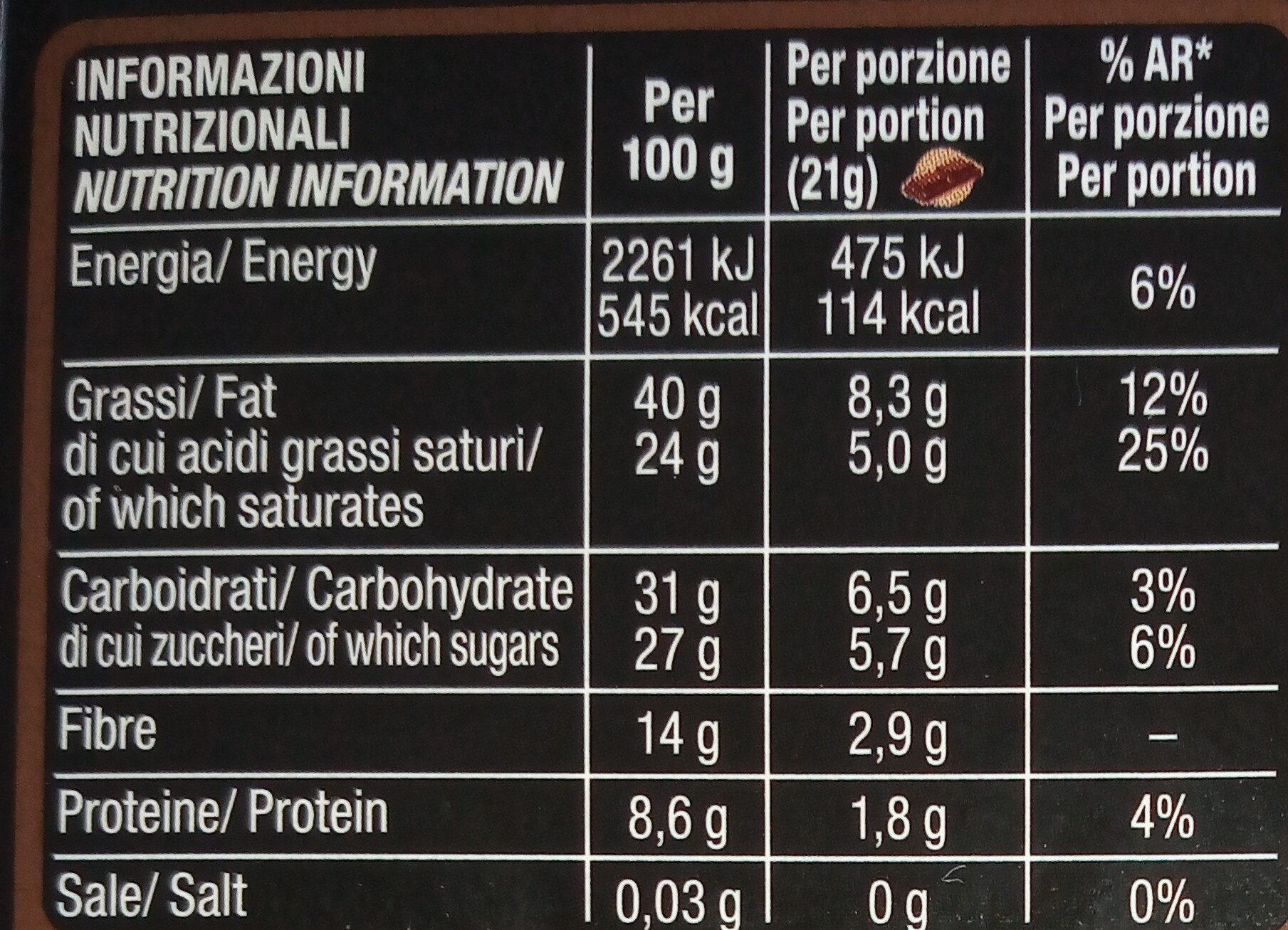 Fondente extra nero 70% cacao - Valori nutrizionali