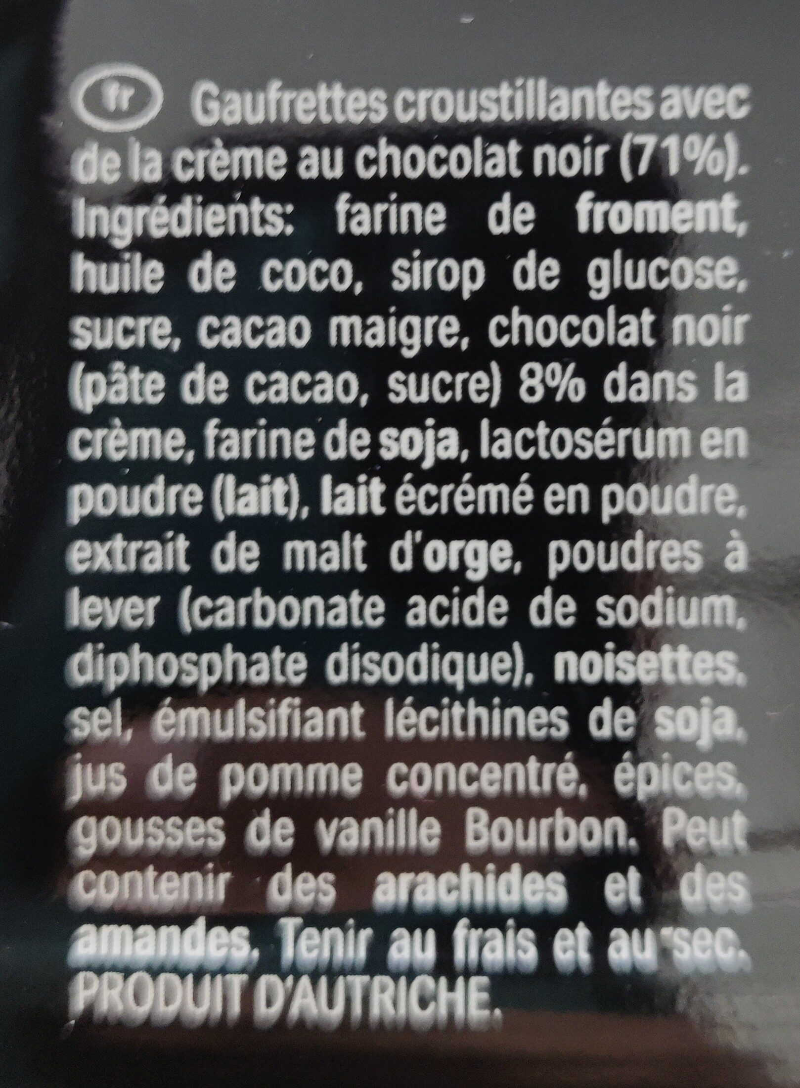 Hrskavi vafli punjeni kremom od tamne čokolade - Ingrédients